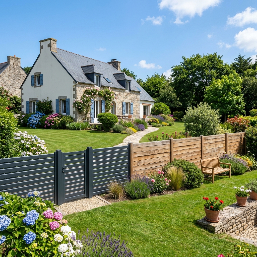 Comparatif entre une clôture aluminium gris anthracite et une clôture en bois naturel devant une maison dans le Morbihan