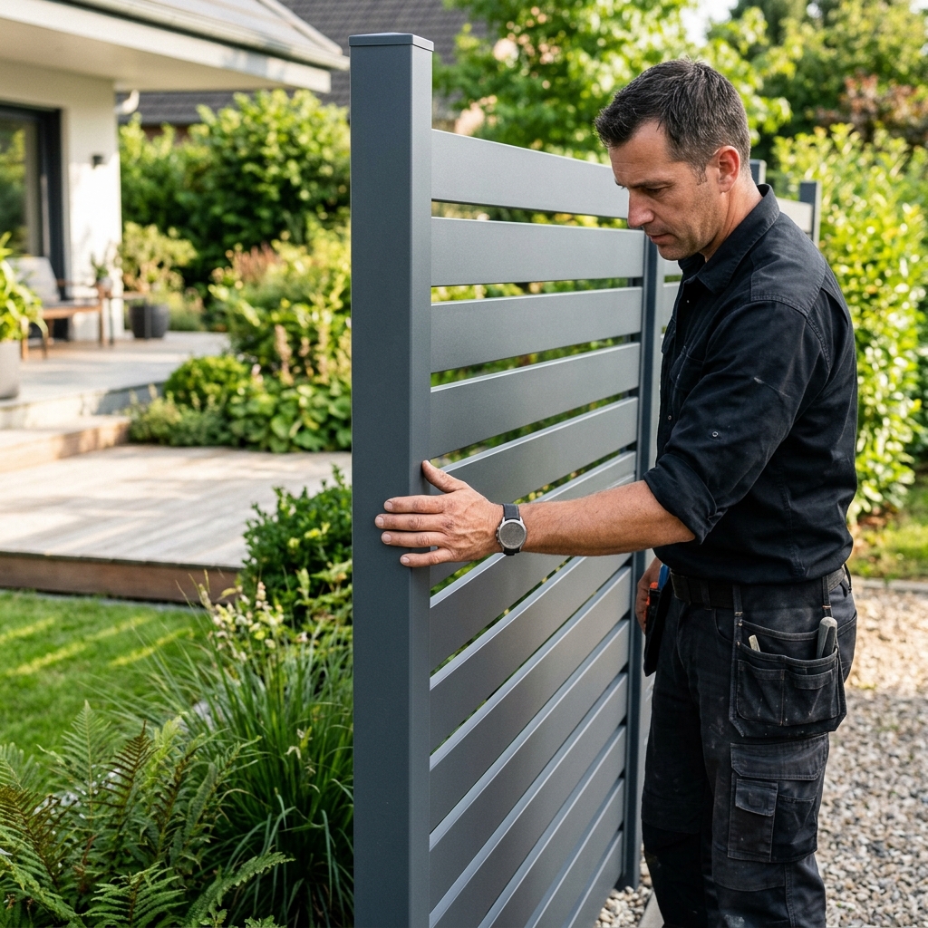 Paysagiste inspectant la finition d'un panneau en aluminium Artisan paysagiste inspectant la finition d'une clôture en aluminium gris anthracite