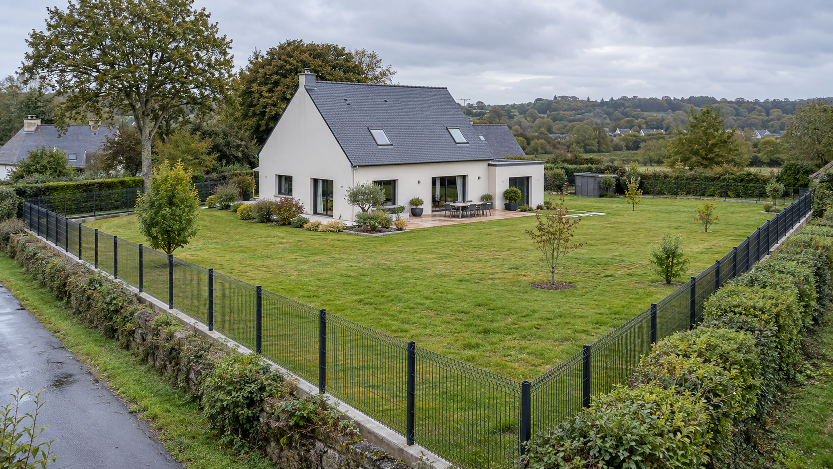 Grand terrain de 1000m2 clôturé en panneaux rigides dans la campagne bretonne