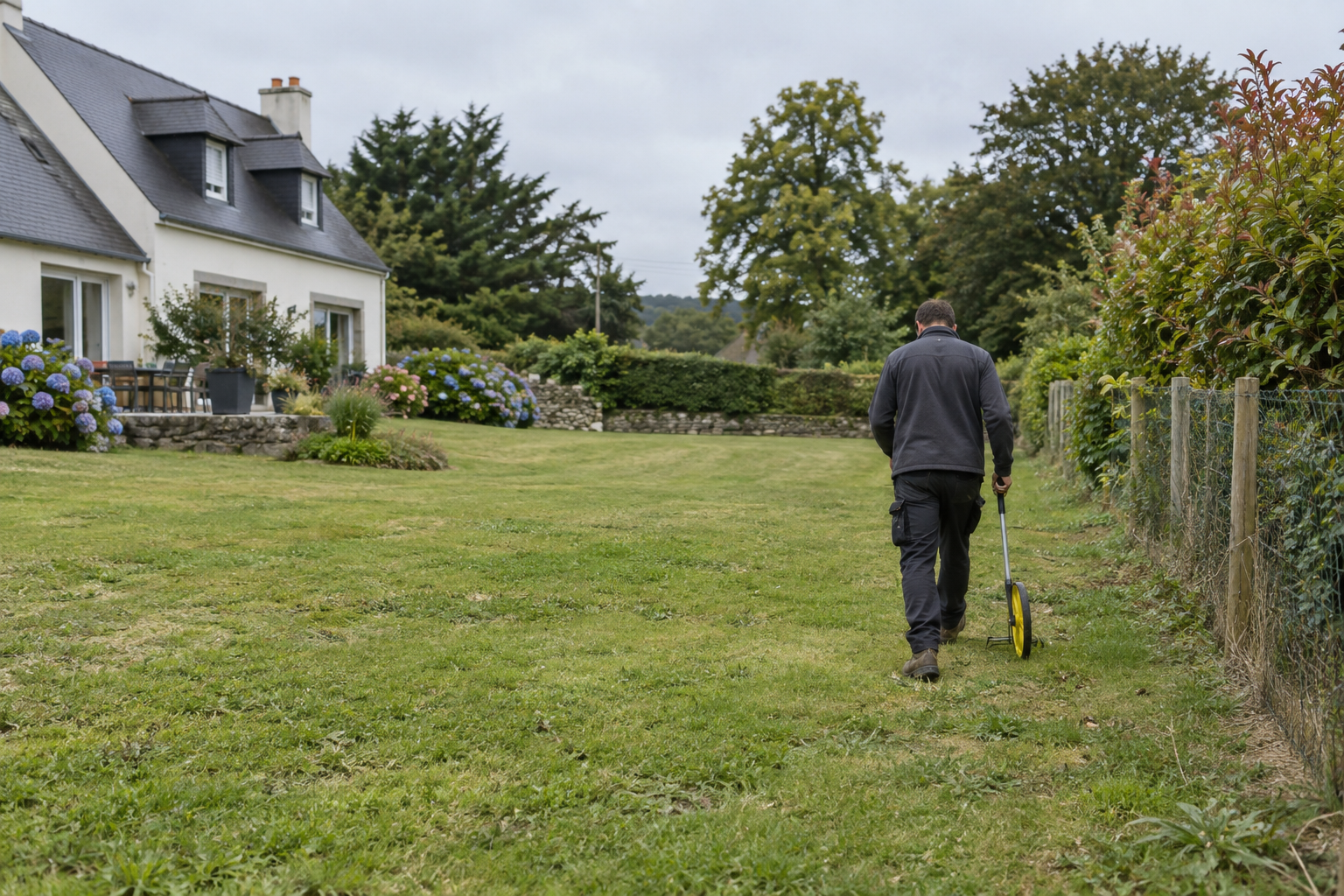 Paysagiste mesurant le périmètre d'un terrain avec un odomètre Mesure du terrain