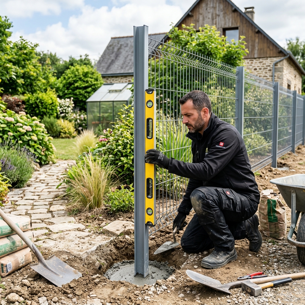 Paysagiste alignant un poteau de clôture avec un niveau à bulle Pose de clôture rigide par un professionnel