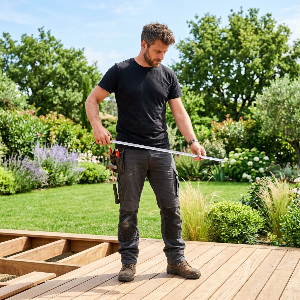 Paysagiste professionnel prenant les mesures sur une terrasse en bois à Locminé
