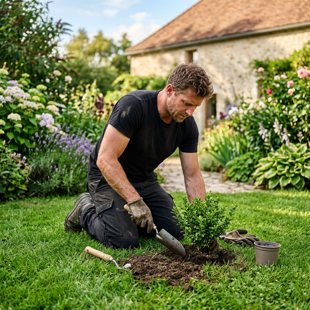 Paysagiste professionnel plantant un arbuste dans un jardin du Centre Bretagne