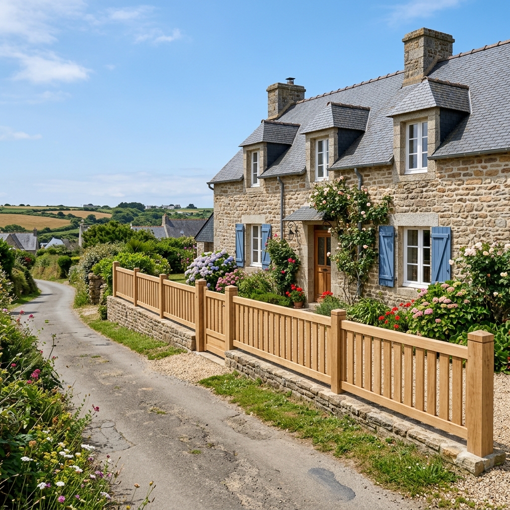 Clôture en bois naturel devant une belle maison bretonne, conforme au PLU du Morbihan