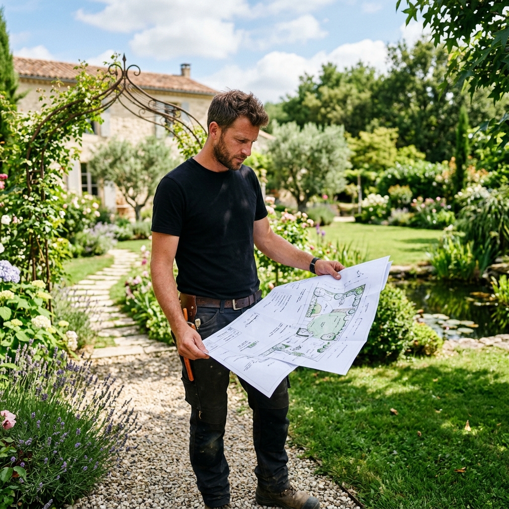 Un paysagiste professionnel étudiant un plan d'aménagement dans un jardin du Morbihan