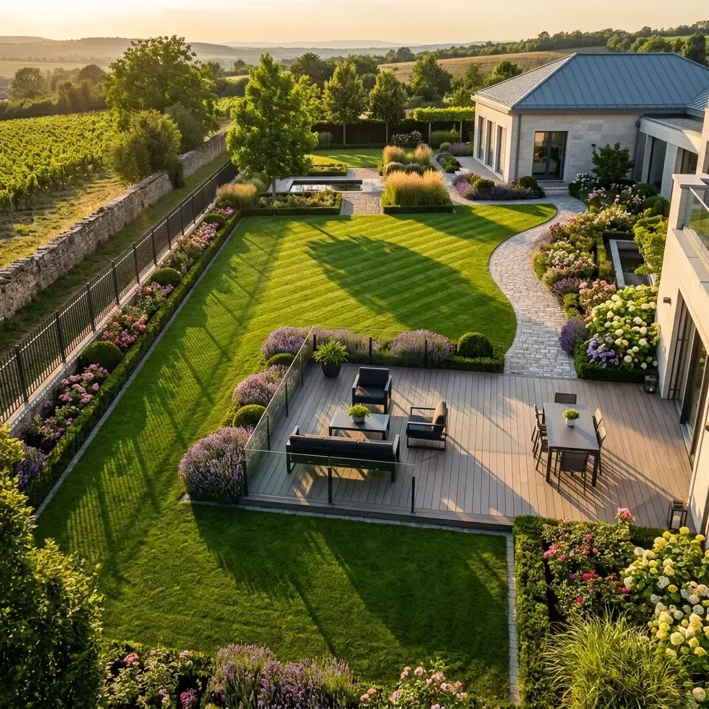 Jardin aménagé avec terrasse et clôture dans le Morbihan