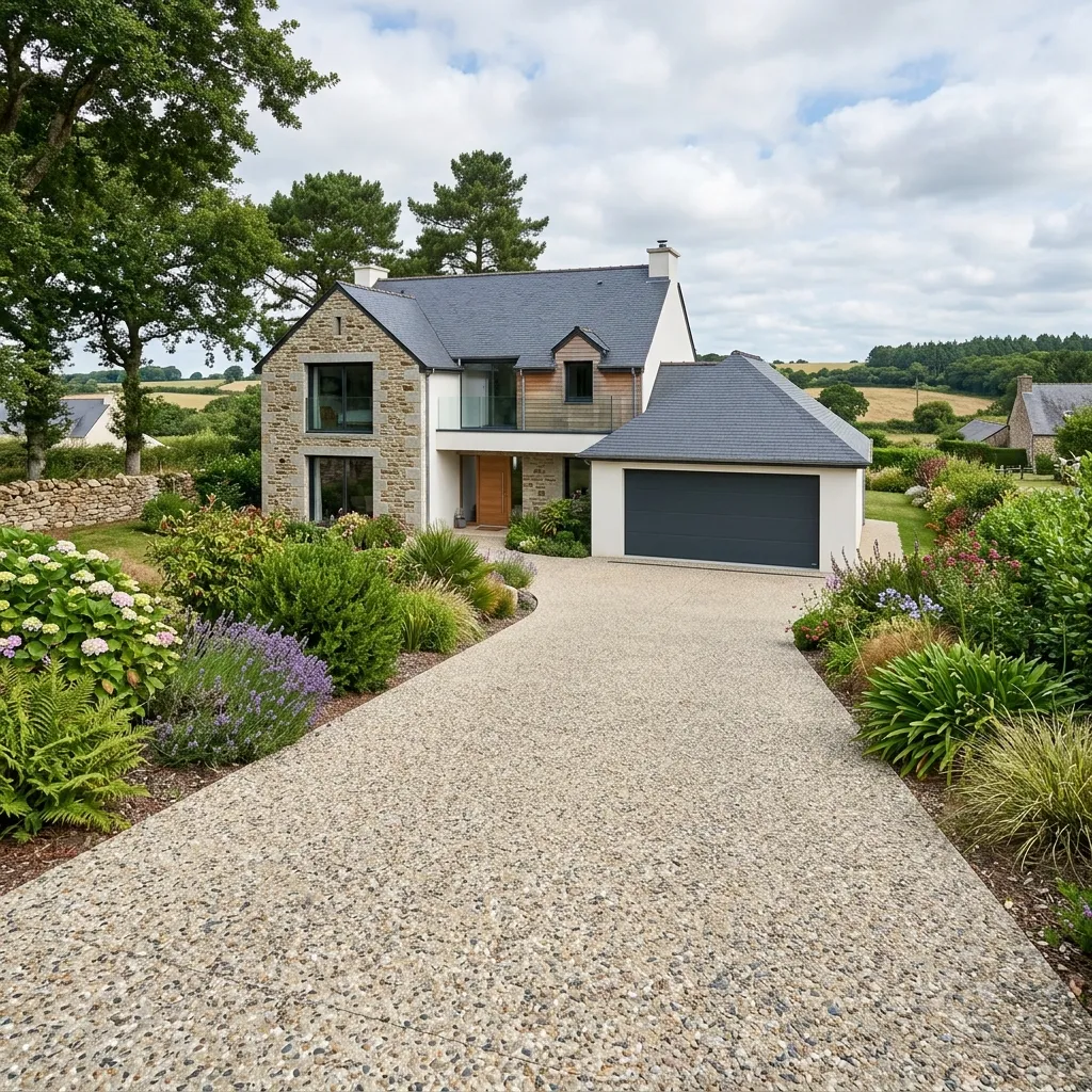 Allée carrossable en béton désactivé devant une maison en Bretagne
