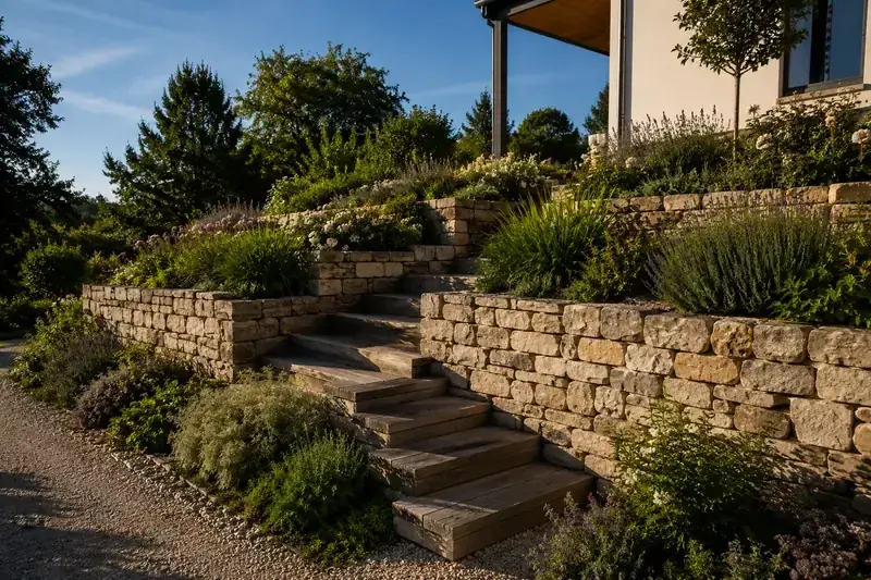 Pose de bordures Corten et escalier paysager extérieur en pierre naturelle