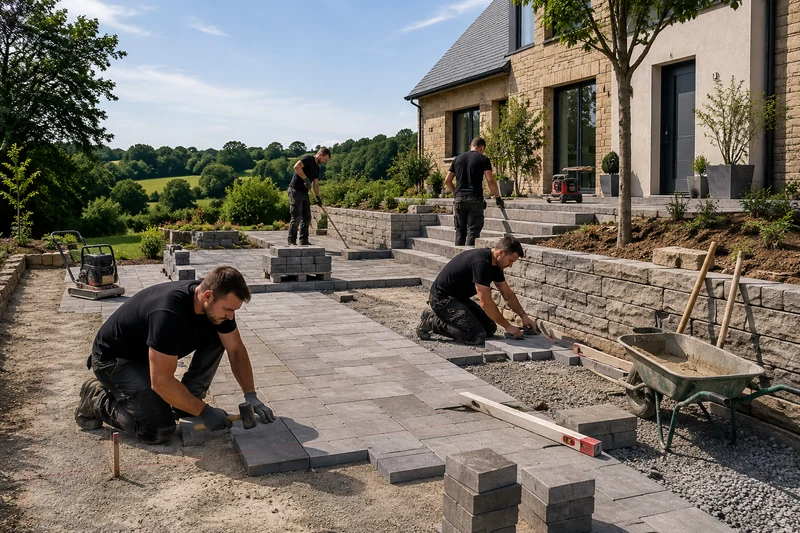 Maçon paysagiste en train de poser des pavés et réaliser des fondations