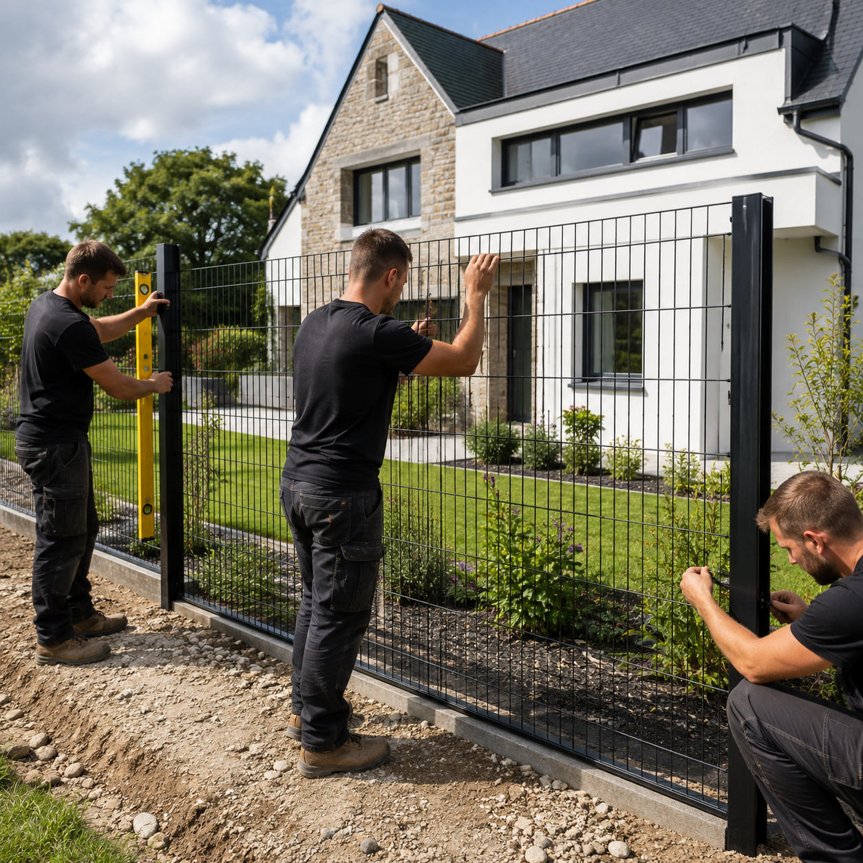 Artisan posant des panneaux de grillage rigide et vérifiant le niveau