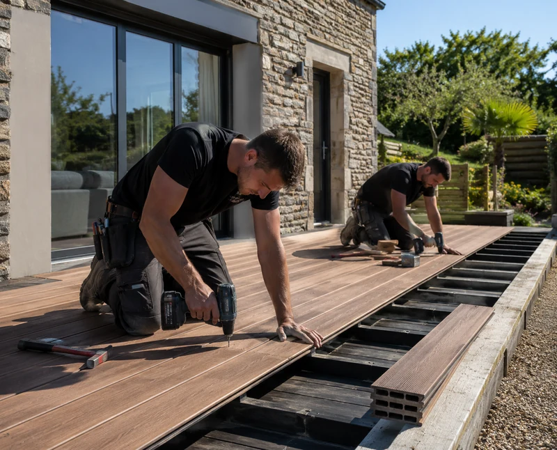 Menuisier artisan préparant la structure et le lambourdage d'une terrasse en bois